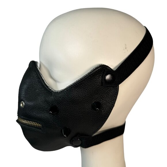 Black Patent Leather Half Face Mask w Zipper Mouth Spikes Goth Industrial Horror - Picture 6 of 7
